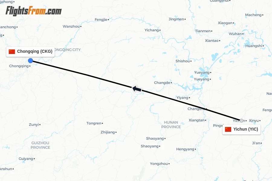 Flights from Yichun to Chongqing route map