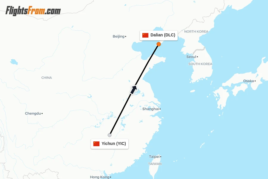 Flights from Yichun to Dalian route map