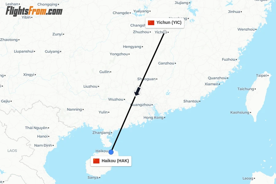 Flights from Yichun to Haikou route map