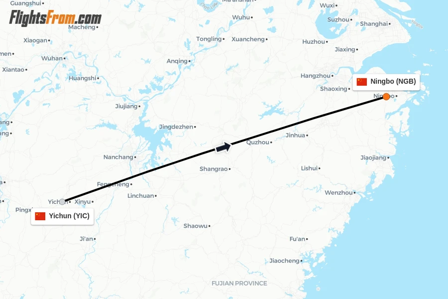 Flights from Yichun to Ningbo route map