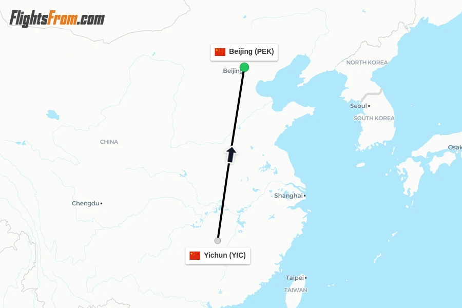 Flights from Yichun to Beijing route map
