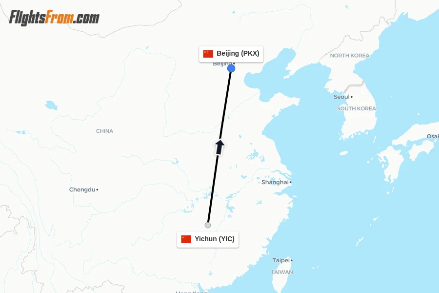 Flights from Yichun to Beijing route map