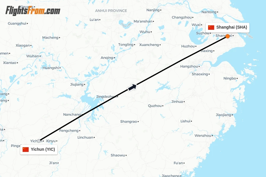 Flights from Yichun to Shanghai route map
