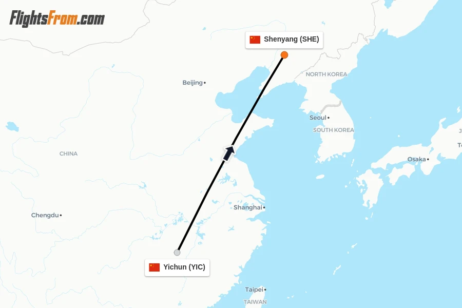 Flights from Yichun to Shenyang route map