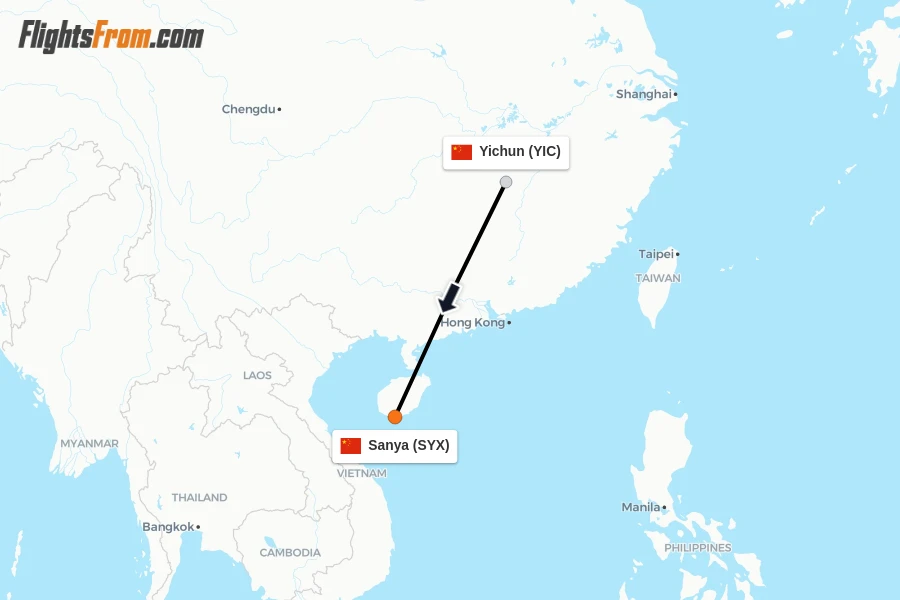 Flights from Yichun to Sanya route map