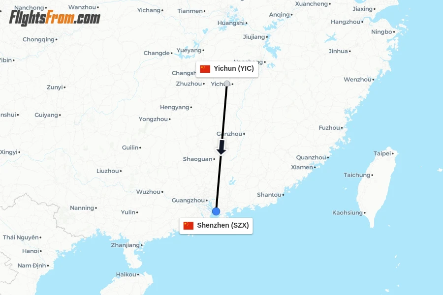 Flights from Yichun to Shenzhen route map