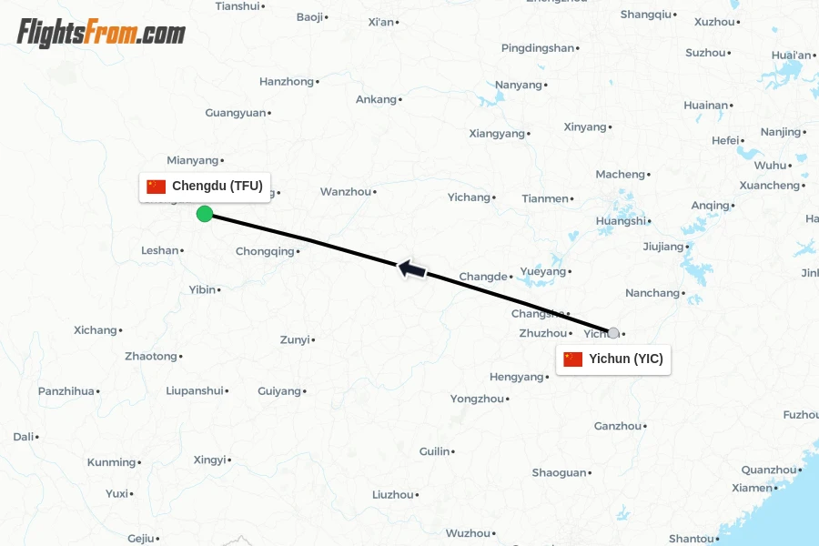 Flights from Yichun to Chengdu route map