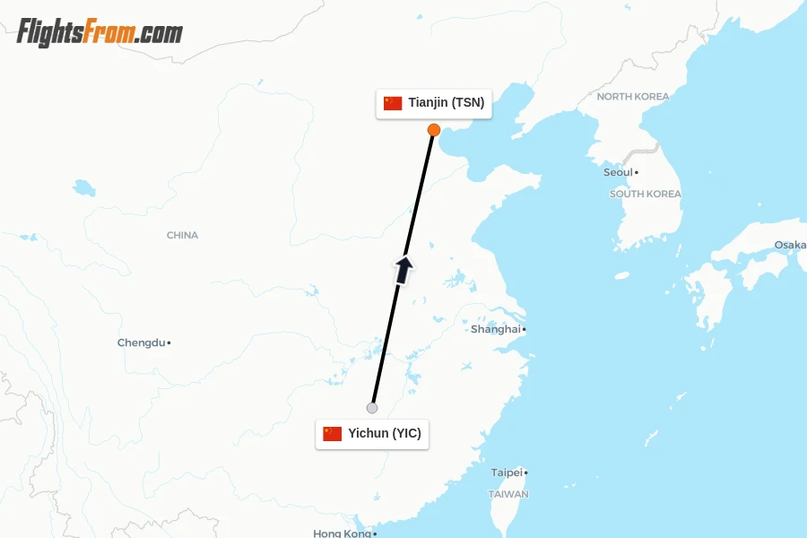 Flights from Yichun to Tianjin route map