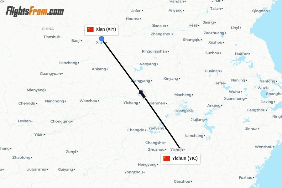 Flights from Yichun to Xian route map