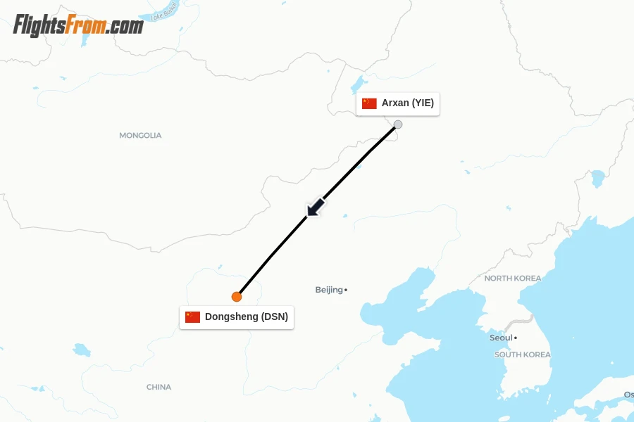 Flights from Arxan to Dongsheng route map