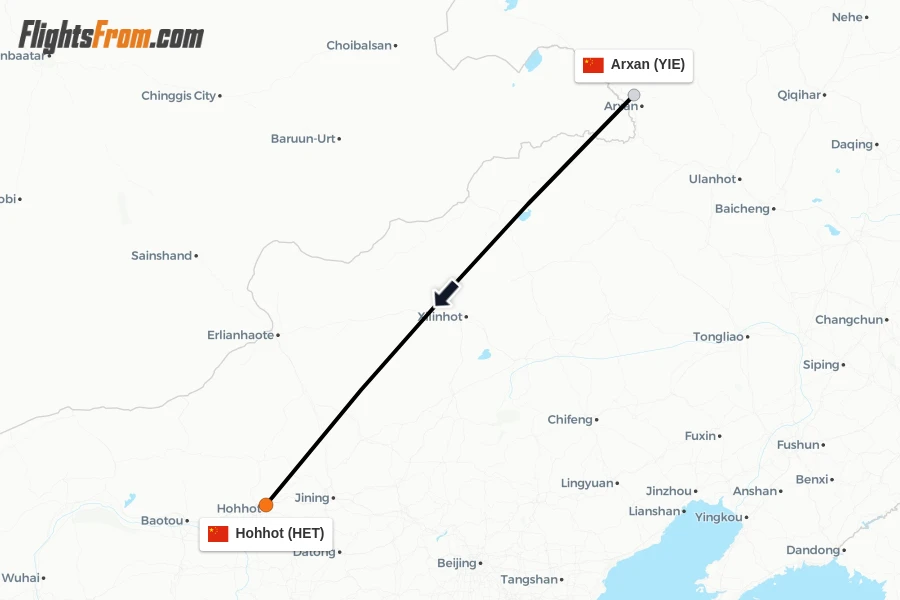 Flights from Arxan to Hohhot route map