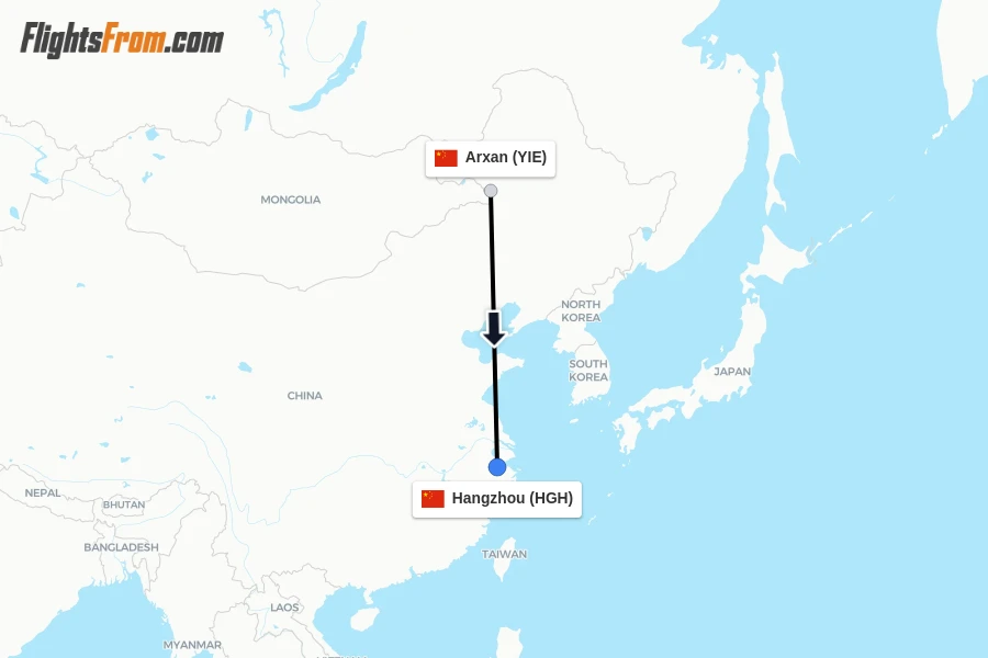 Flights from Arxan to Hangzhou route map