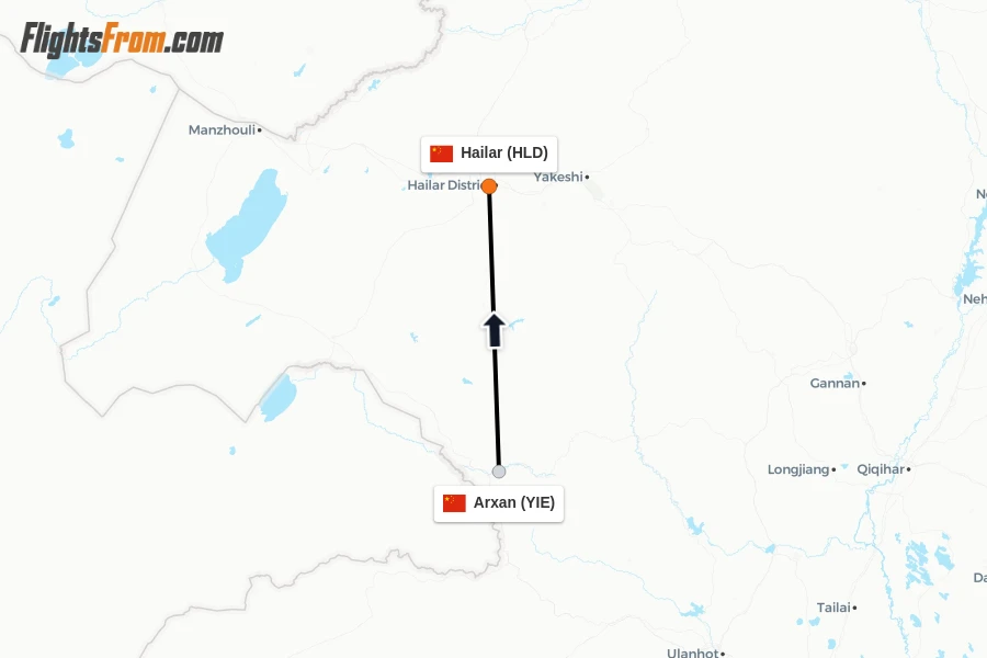 Flights from Arxan to Hailar route map