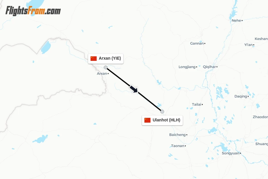 Flights from Arxan to Ulanhot route map