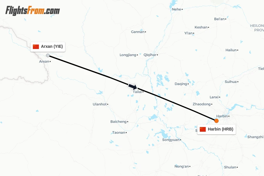 Flights from Arxan to Harbin route map