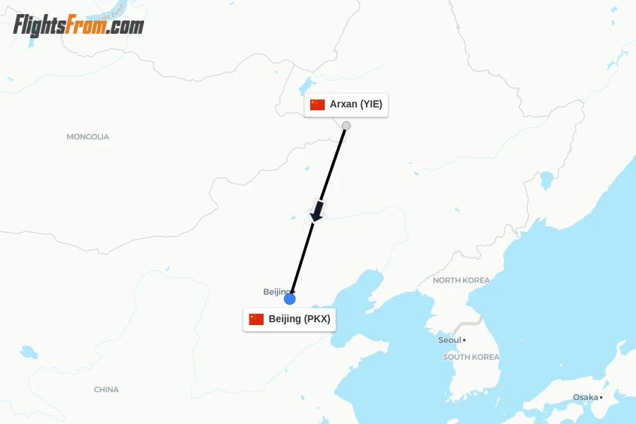 Flights from Arxan to Beijing route map