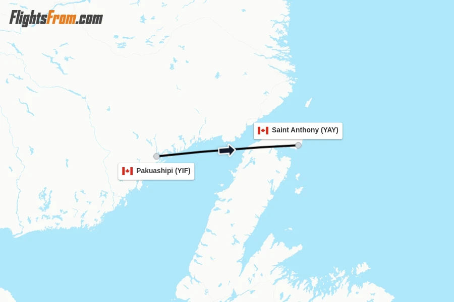 Flights from Pakuashipi to Saint Anthony route map