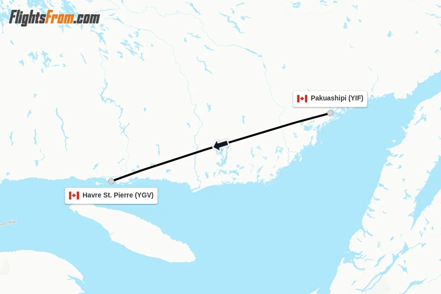Flights from Pakuashipi to Havre St. Pierre route map
