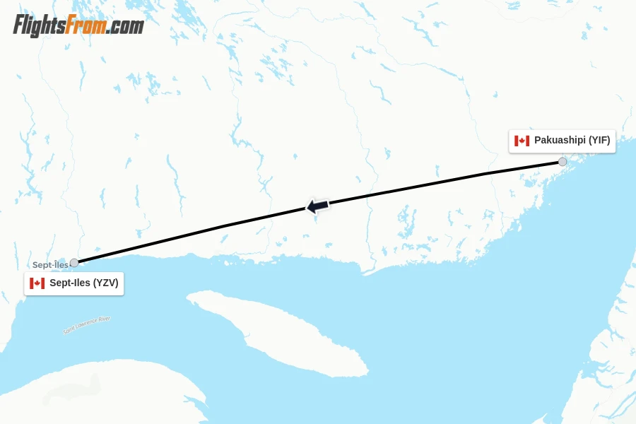 Flights from Pakuashipi to Sept-Iles route map