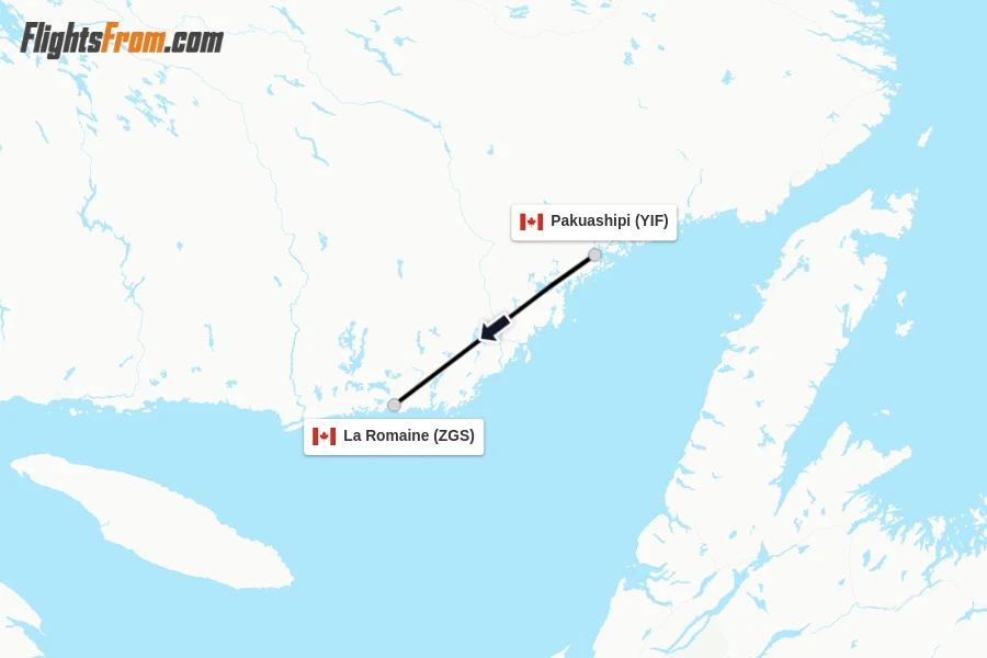 Flights from Pakuashipi to La Romaine route map