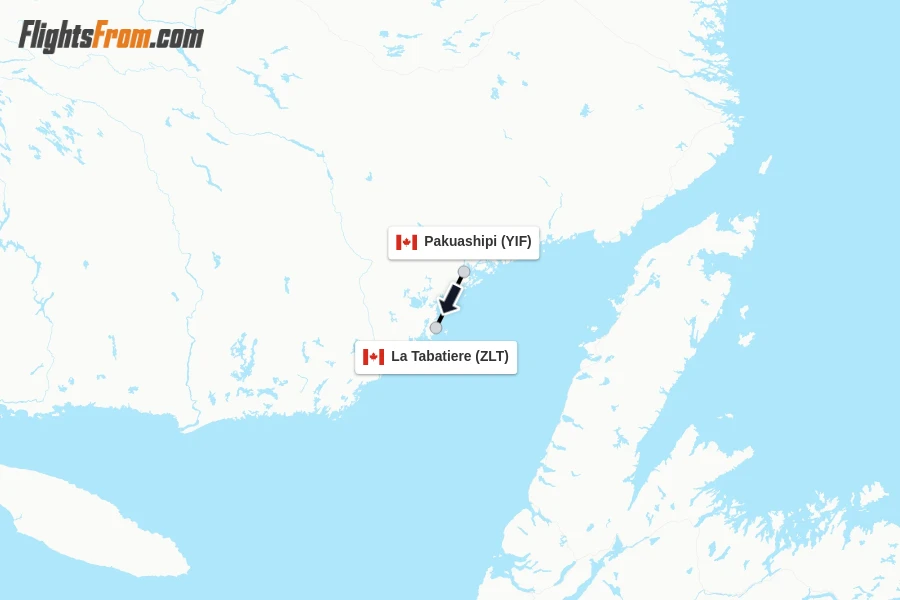 Flights from Pakuashipi to La Tabatiere route map