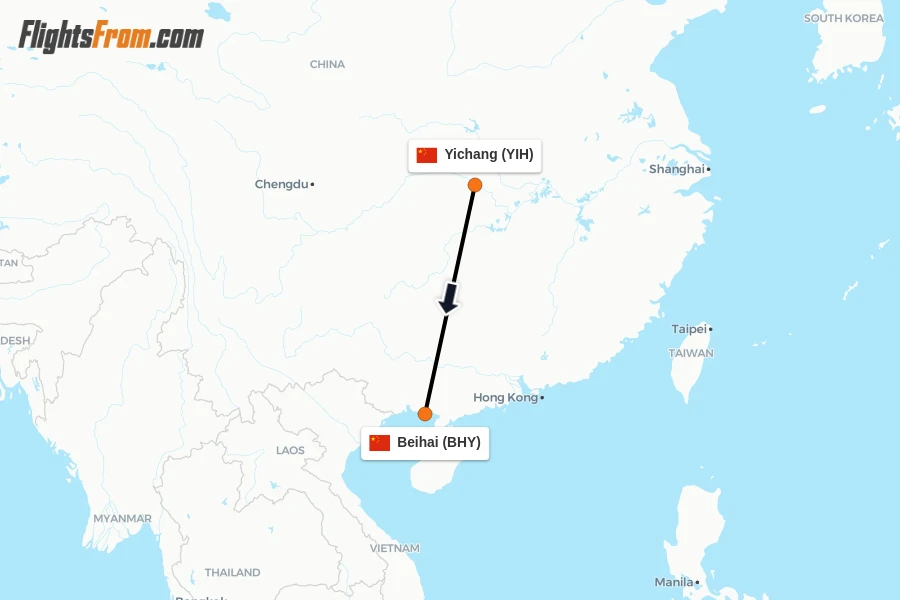 Flights from Yichang to Beihai route map