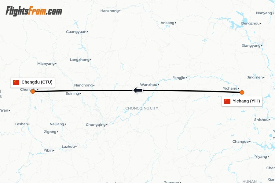 Flights from Yichang to Chengdu route map