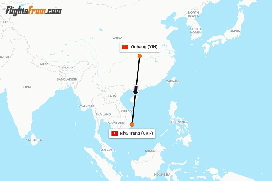 Flights from Yichang to Nha Trang route map