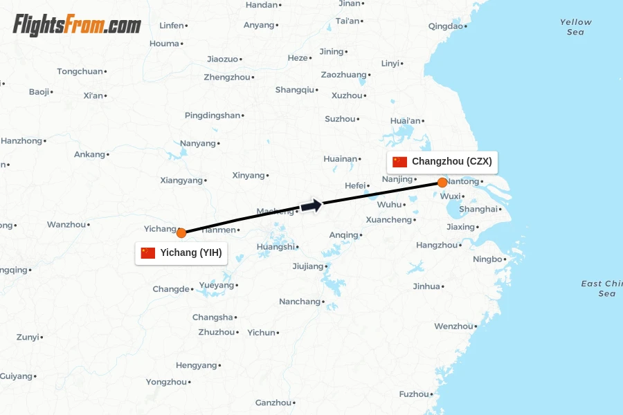 Flights from Yichang to Changzhou route map
