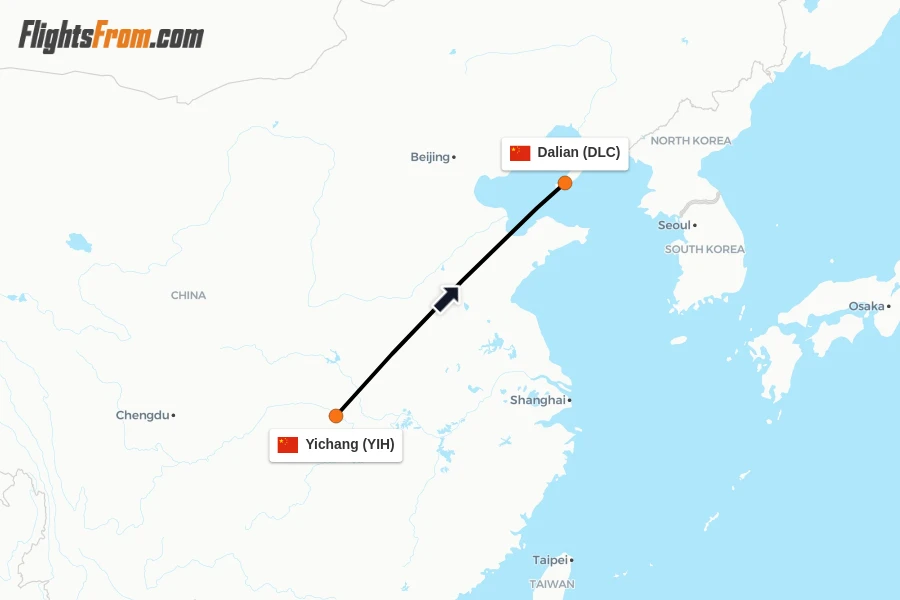 Flights from Yichang to Dalian route map