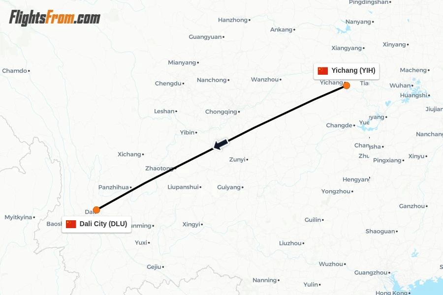 Flights from Yichang to Dali City route map