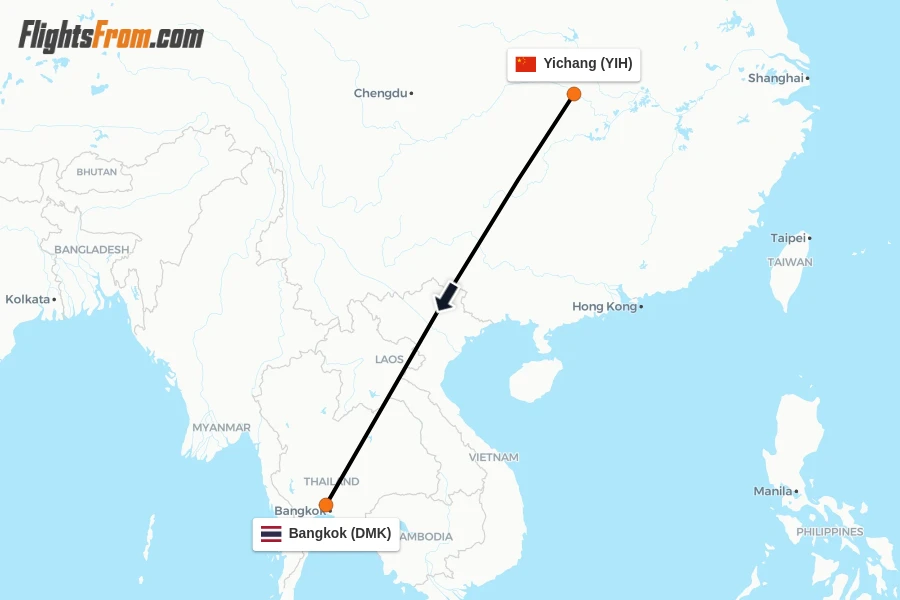 Flights from Yichang to Bangkok route map