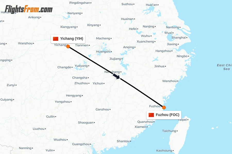 Flights from Yichang to Fuzhou route map