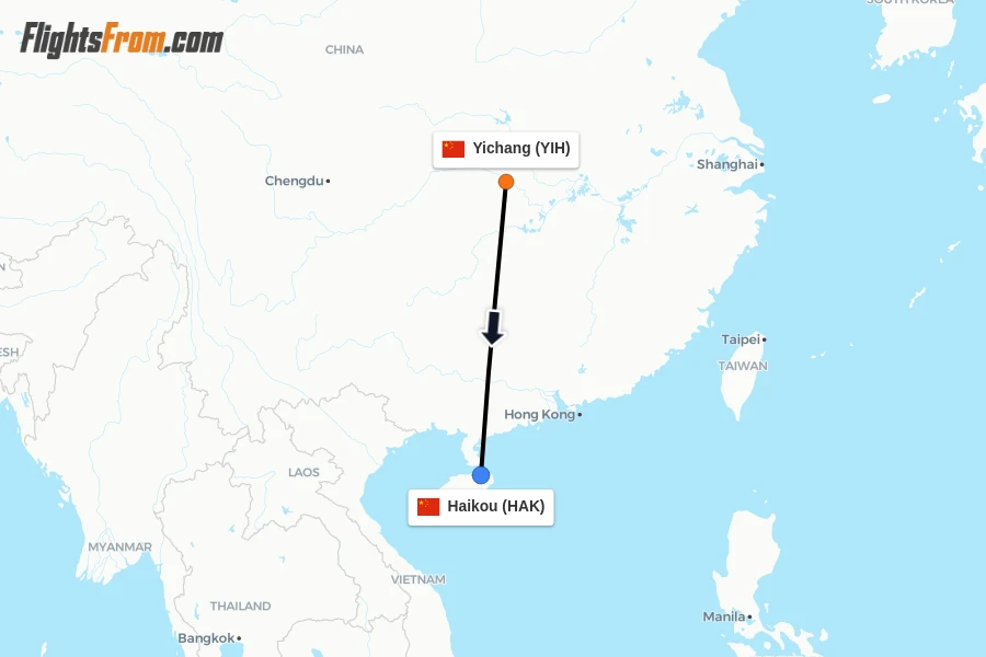 Flights from Yichang to Haikou route map