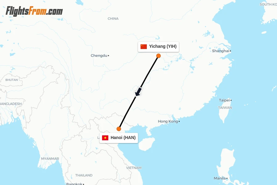 Flights from Yichang to Hanoi route map