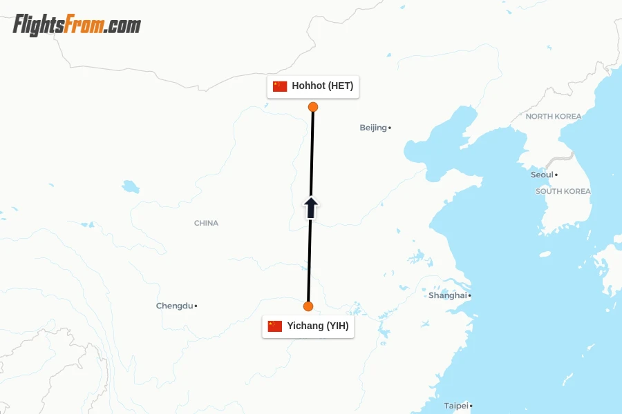 Flights from Yichang to Hohhot route map