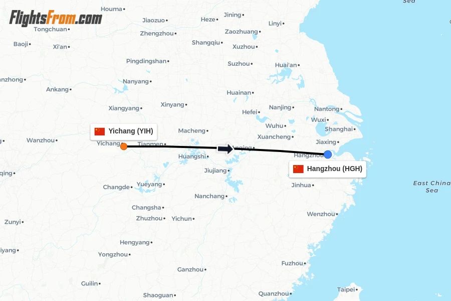 Flights from Yichang to Hangzhou route map