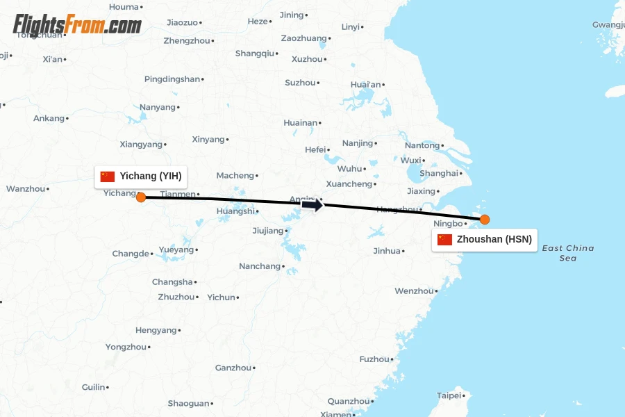 Flights from Yichang to Zhoushan route map
