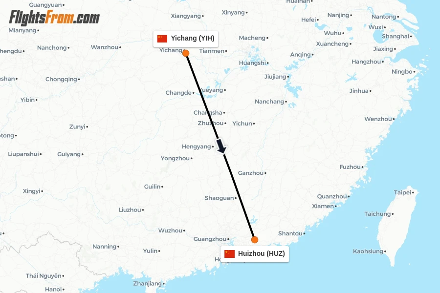 Flights from Yichang to Huizhou route map