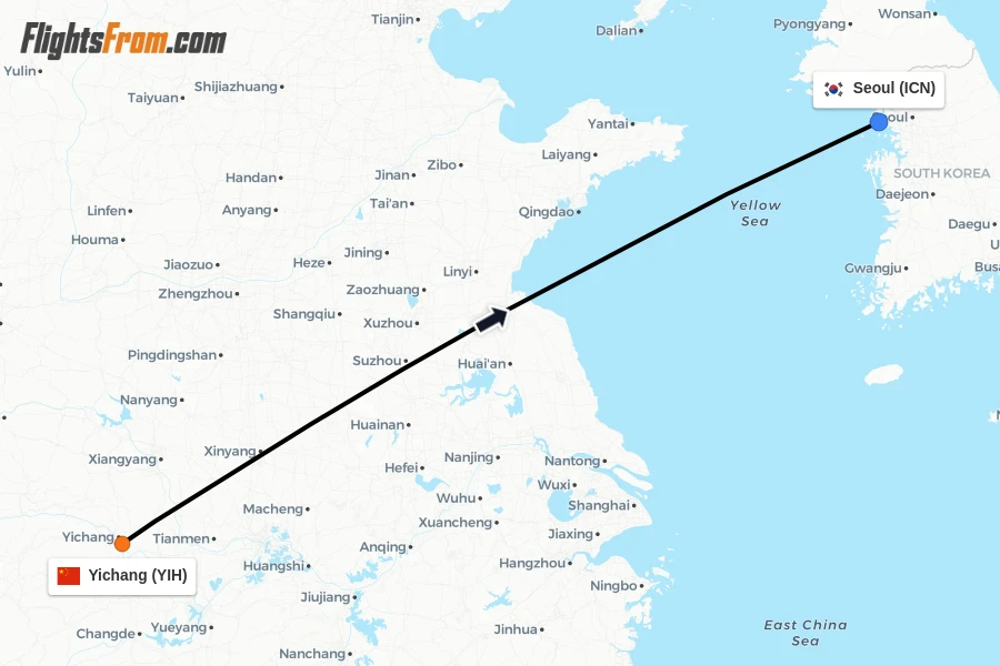 Flights from Yichang to Seoul route map