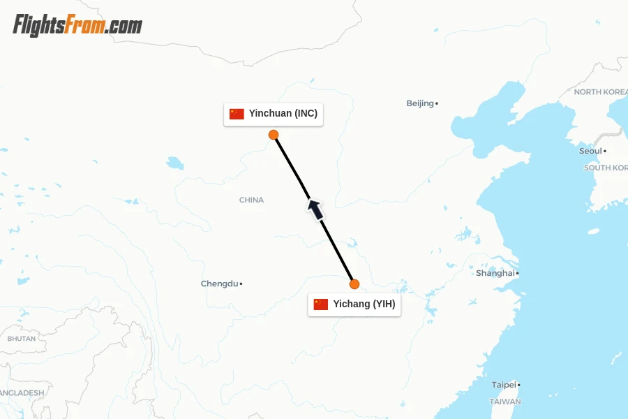 Flights from Yichang to Yinchuan route map