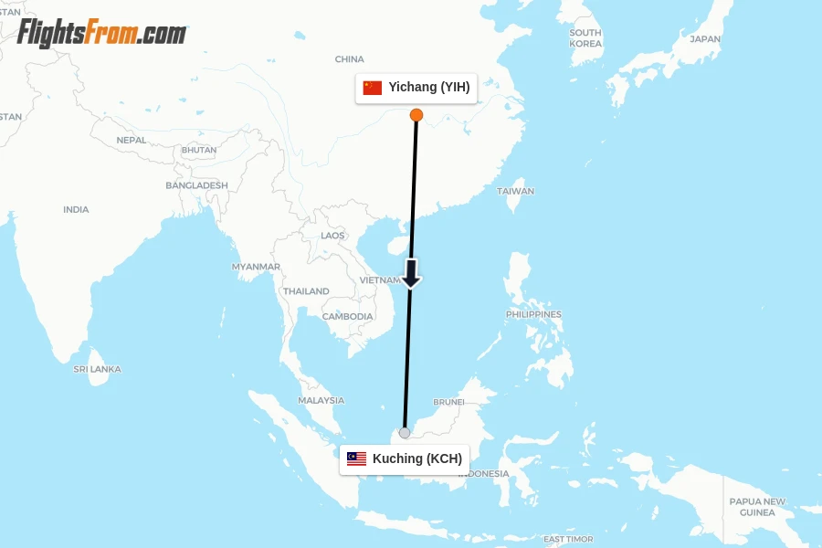 Flights from Yichang to Kuching route map