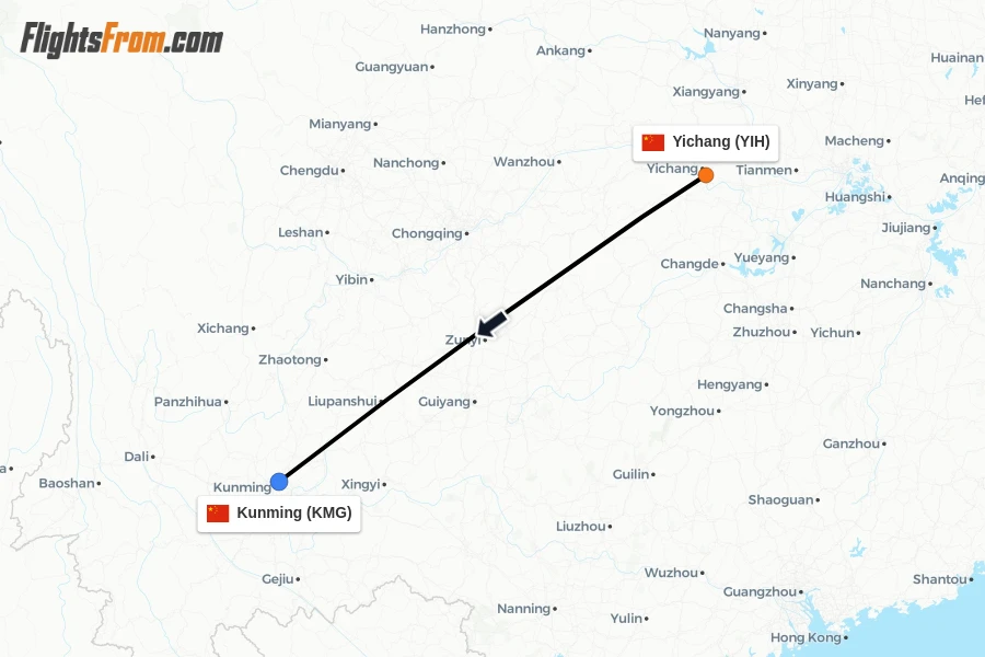 Flights from Yichang to Kunming route map