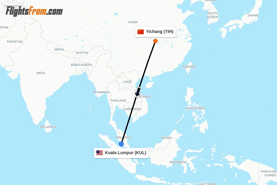 Flights from Yichang to Kuala Lumpur route map