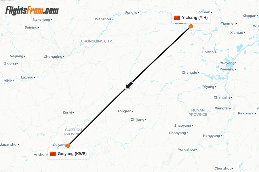Flights from Yichang to Guiyang route map