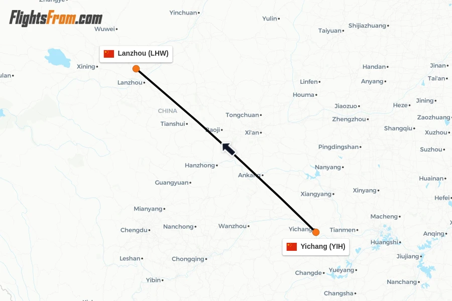Flights from Yichang to Lanzhou route map