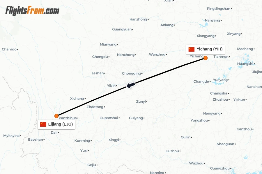 Flights from Yichang to Lijiang route map