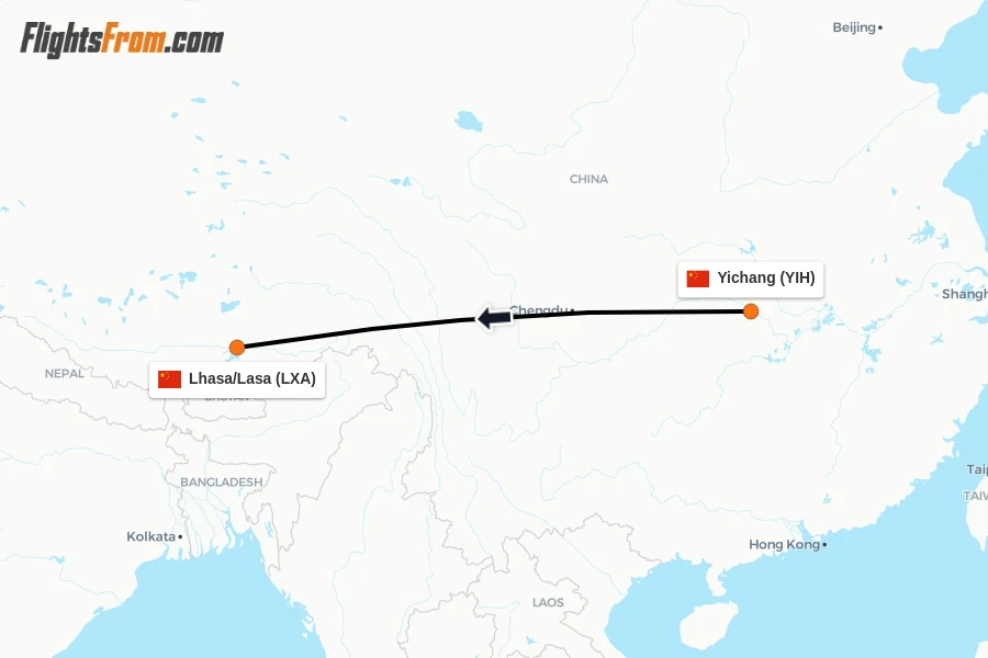 Flights from Yichang to Lhasa/Lasa route map