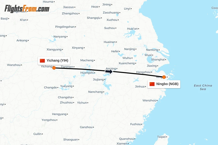 Flights from Yichang to Ningbo route map