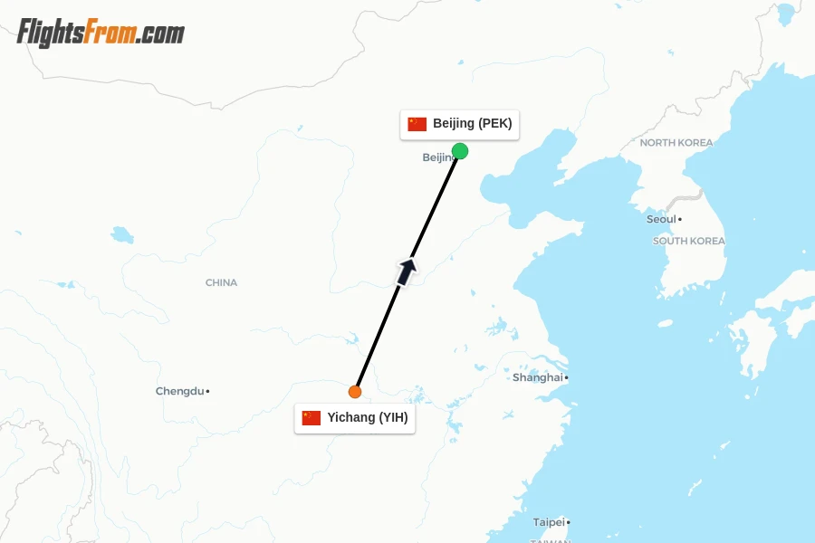 Flights from Yichang to Beijing route map